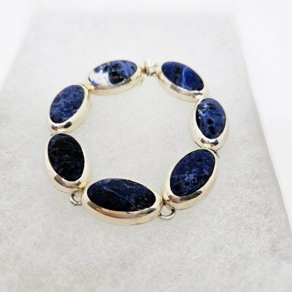 Vintage Mexico C-11 Sodalite Modernist Style 925 Sterling Silver Bracelet - Picture 5 of 9